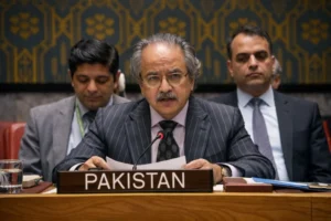 Pakistan representative speaking at United Nations meeting warning about terrorism threat from Afghanistan