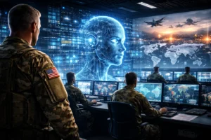 US military analysts monitoring global operations with artificial intelligence interface and fighter jets on digital world map display.