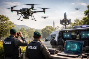 Police monitoring surveillance drones during anti drone units security operation in Punjab