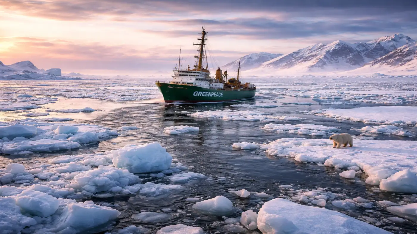 Greenpeace ship sailing through melting Arctic sea ice with polar bear on floating ice highlighting climate change impact