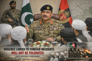 Pakistan Army Chief Asim Munir addressing meeting on foreign linked violence and national security concerns with military background