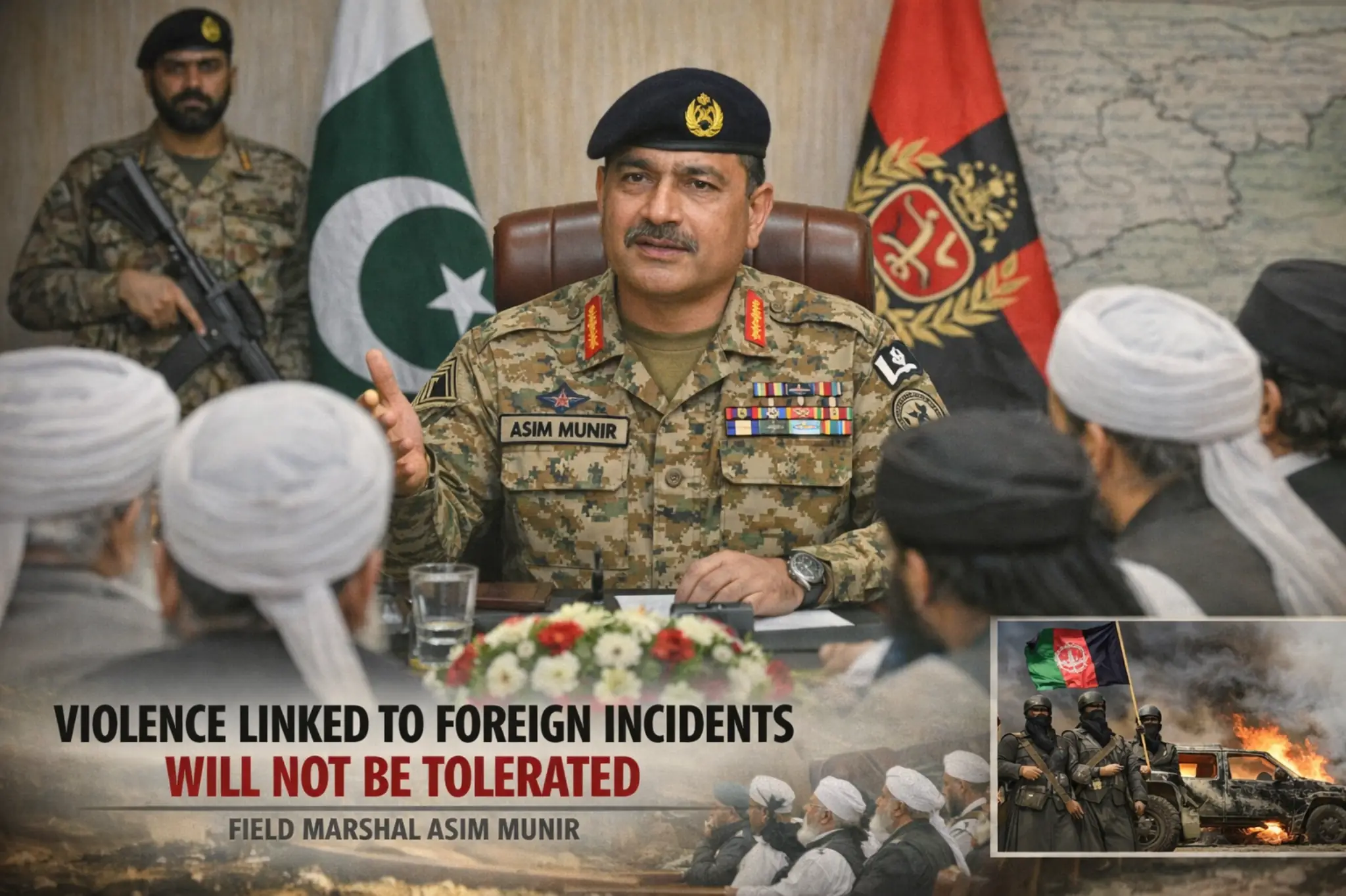 Pakistan Army Chief Asim Munir addressing meeting on foreign linked violence and national security concerns with military background