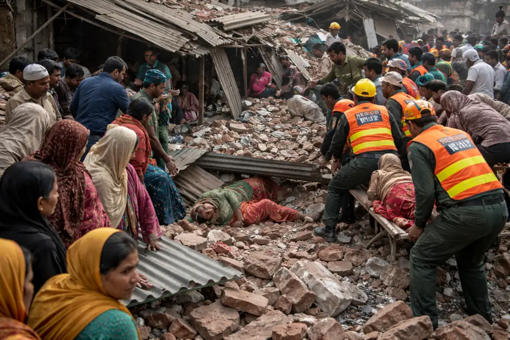 Rescue workers searching through rubble after roof collapse during BISP distribution where women were killed in Pakistan