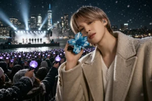 BTS concert in the United States with fans holding light sticks in snowy weather during live performance at night