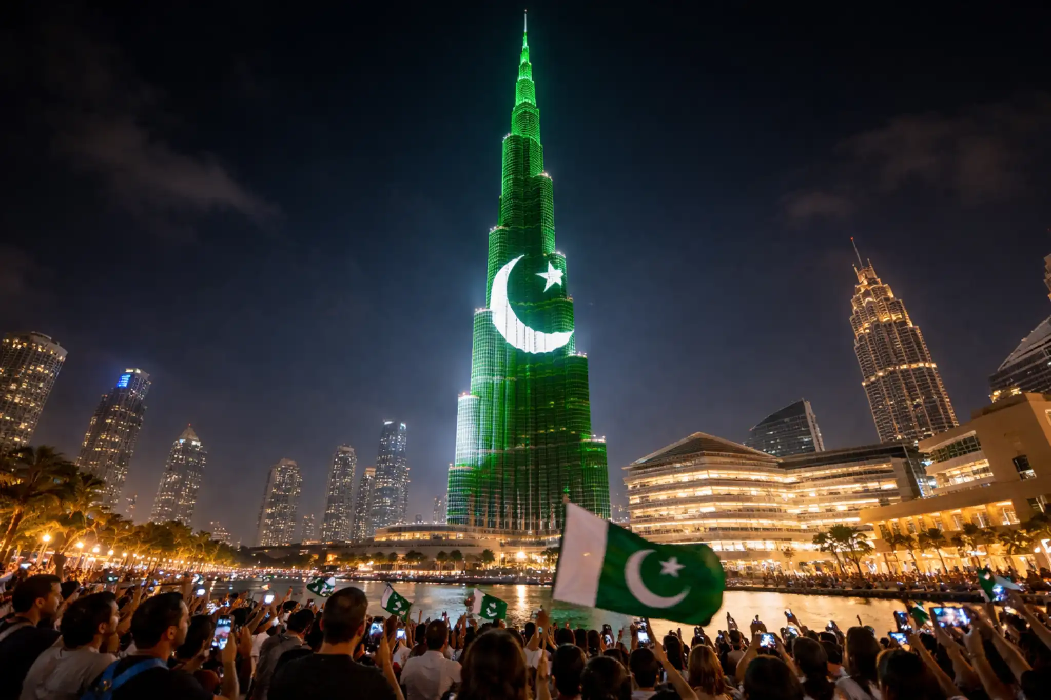 Burj Khalifa lit in green with Pakistan flag projection during Pakistan Day celebrations in Dubai with crowd holding flags