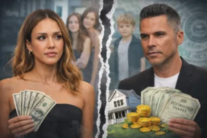 Celebrity couple divorce showing money, house assets, and child custody dispute with financial settlement concept
