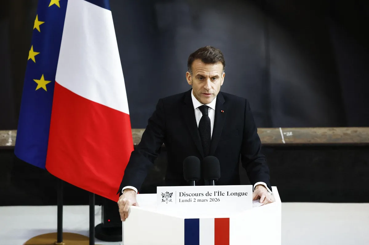 French President Emmanuel Macron delivers speech on France nuclear expansion at Ile Longue naval base