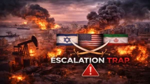 Escalating Gulf crisis with oil facilities under attack, flags of Israel, the U.S., and Iran displayed amidst explosions