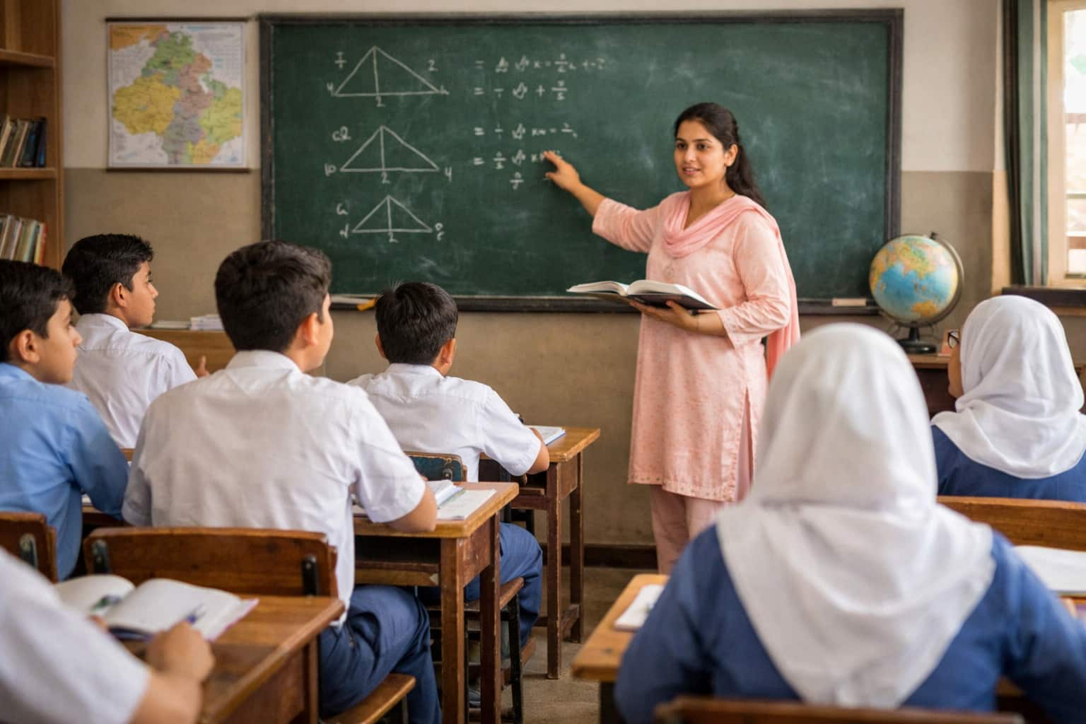 A classroom in Punjab with students and a teacher during in-person learning, representing Punjab schools