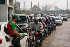 Vehicles lined up at a fuel station in Pakistan during a fuel shortage crisis, highlighting petrol supply concerns.