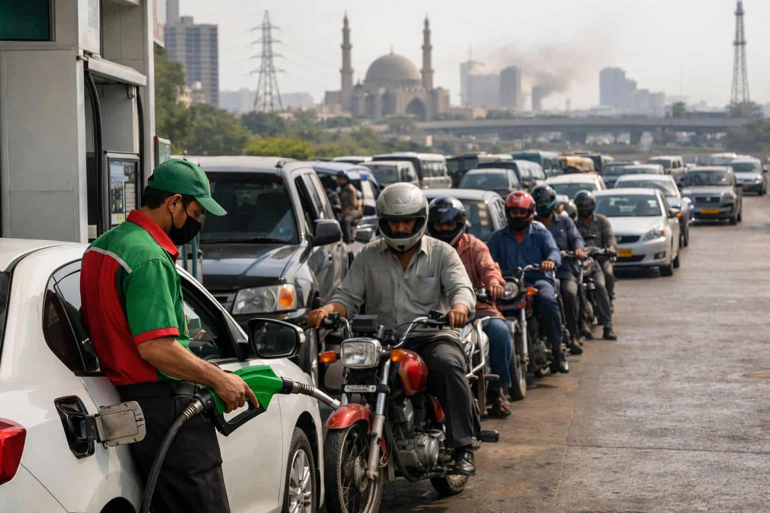 Vehicles lined up at a fuel station in Pakistan during a fuel shortage crisis, highlighting petrol supply concerns.
