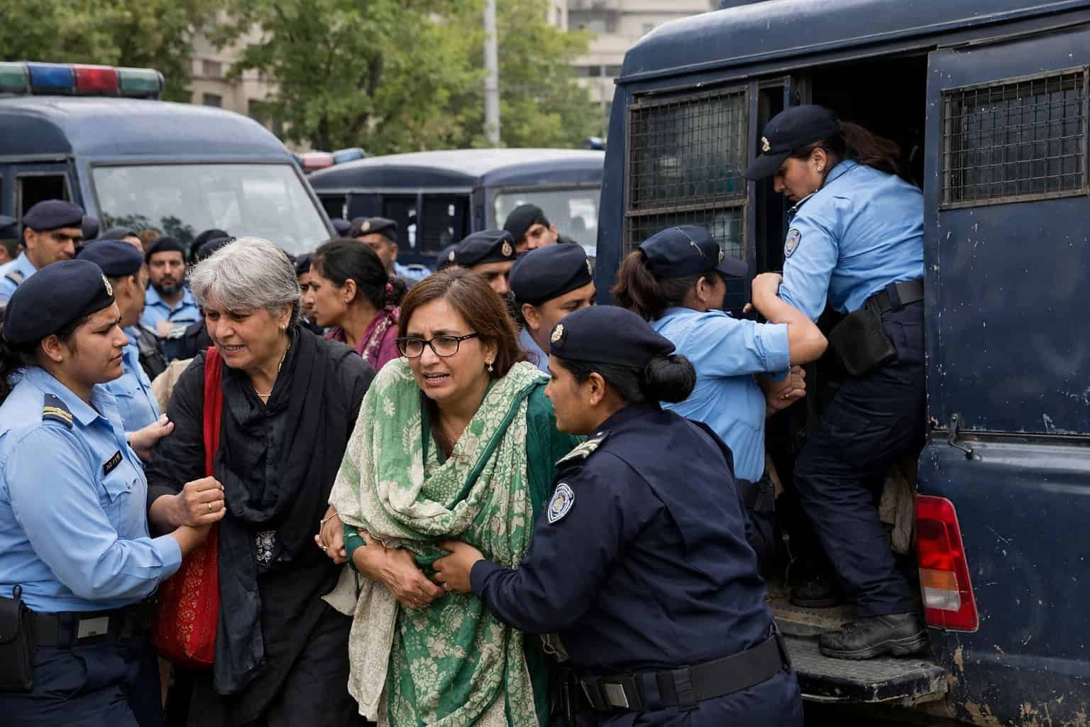 Aurat March activists being detained by police during a peaceful protest in Islamabad on International Women’s Day.