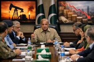 Prime Minister Shehbaz Sharif leading a high-level meeting in Islamabad to announce Pakistan’s austerity plan amid global fuel crisis.
