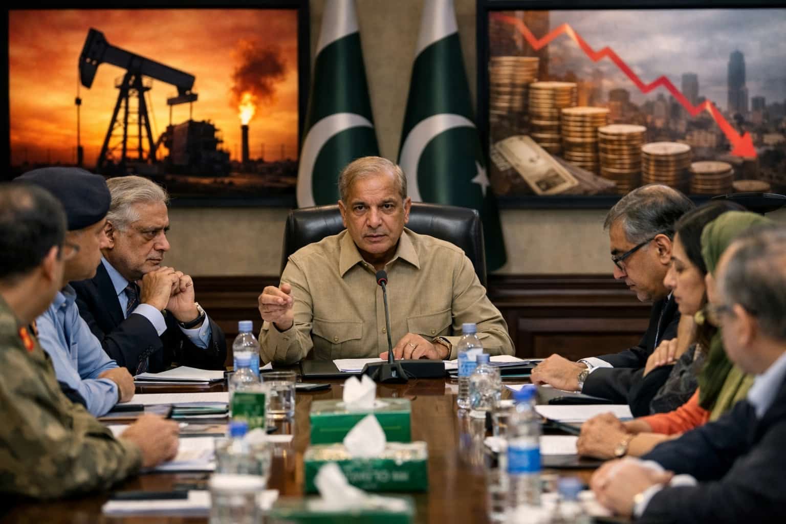 Prime Minister Shehbaz Sharif leading a high-level meeting in Islamabad to announce Pakistan’s austerity plan amid global fuel crisis.