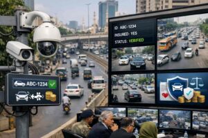 Traffic surveillance cameras and monitoring system in Karachi representing Sindh’s launch of Pakistan’s first digital insurance monitoring system for road safety and accident compensation
