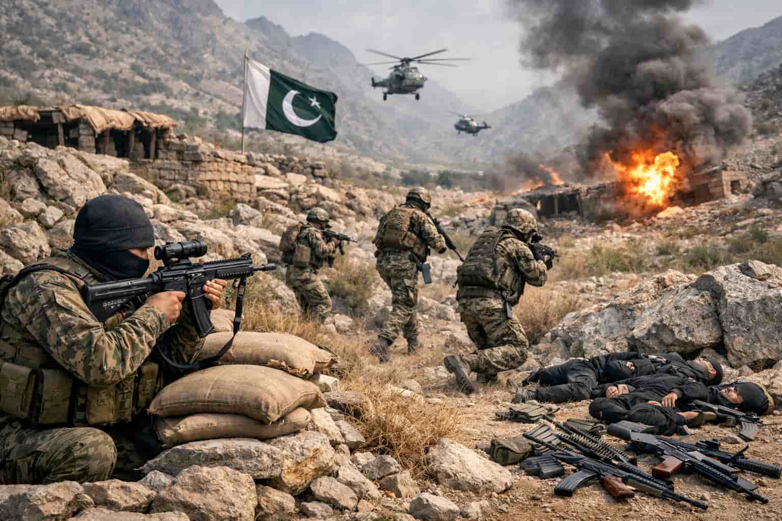 Pakistani army soldiers conducting counter terrorism operations in Khyber Pakhtunkhwa with helicopters, explosions, and recovered weapons in a mountainous region.