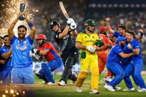 Composite image showing key moments from the T20 World Cup 2026 including Suryakumar Yadav lifting the trophy, Finn Allen batting, Marcus Stoinis walking off, and Italy’s team celebrating — all representing the drama and excitement of the T20 World Cup.