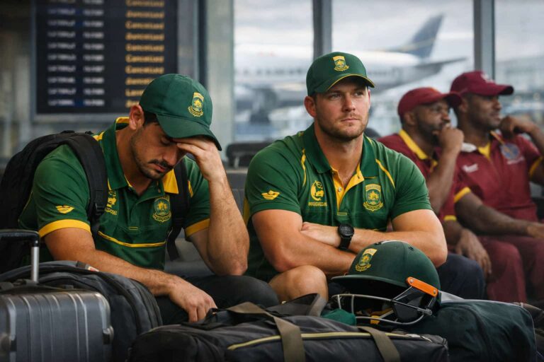 South African cricketers Quinton de Kock and David Miller sit stranded at an airport with cancelled flights on the board, alongside West Indies players, reflecting the frustration of stranded cricketers after the T20 World Cup 2026.