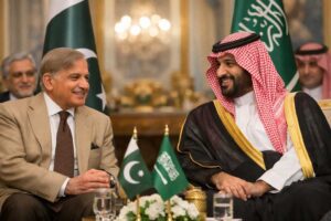 Prime Minister Shehbaz Sharif and Crown Prince Mohammad Bin Salman meet to discuss Pakistan Saudi Arabia relations and regional security.