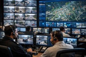 Operators monitor surveillance feeds and digital maps in the Safe City Islamabad control room, highlighting security concerns.