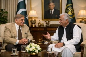 Prime Minister Shehbaz Sharif meets Nehal Hashmi to finalize Sindh governor appointment in Islamabad office.