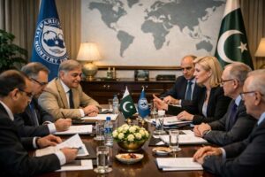 Pakistani officials meet IMF representatives in a formal conference room to discuss Pakistan IMF talks on funding and reforms.