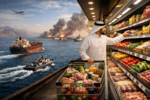 A Gulf supermarket scene with a Middle Eastern man shopping for fresh produce, alongside oil tankers and military vessels near the Strait of Hormuz, illustrating the impact of the blockade on food supply.