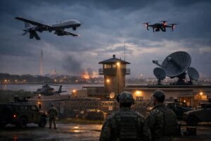 Drones flying above Fort McNair military base with soldiers, radar systems, and Washington landmarks in the background, highlighting US drone alert.