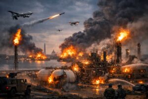 Middle East energy facilities under attack with LNG tanks, refineries, and offshore platforms burning, highlighting the Middle East energy crisis.