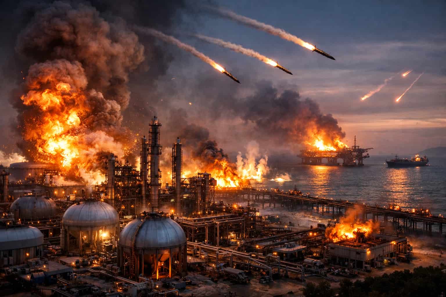High-quality graphic showing Gulf conflict with Iranian missile strikes on oil and gas facilities, highlighting the gulf conflict