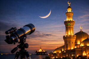 High-quality graphic showing crescent moon sighting for Eid ul Fitr beside an illuminated mosque in the Gulf region