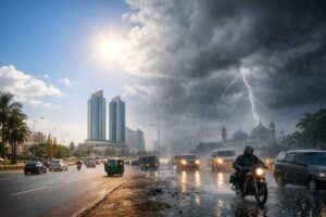 Karachi skyline showing partly cloudy and rainy weather conditions with focus on Karachi rain