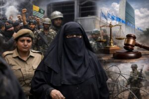 Kashmiri leader Asiya Andrabi escorted by Indian security forces amid protests and UN justice symbols, highlighting Kashmiri leader sentencing