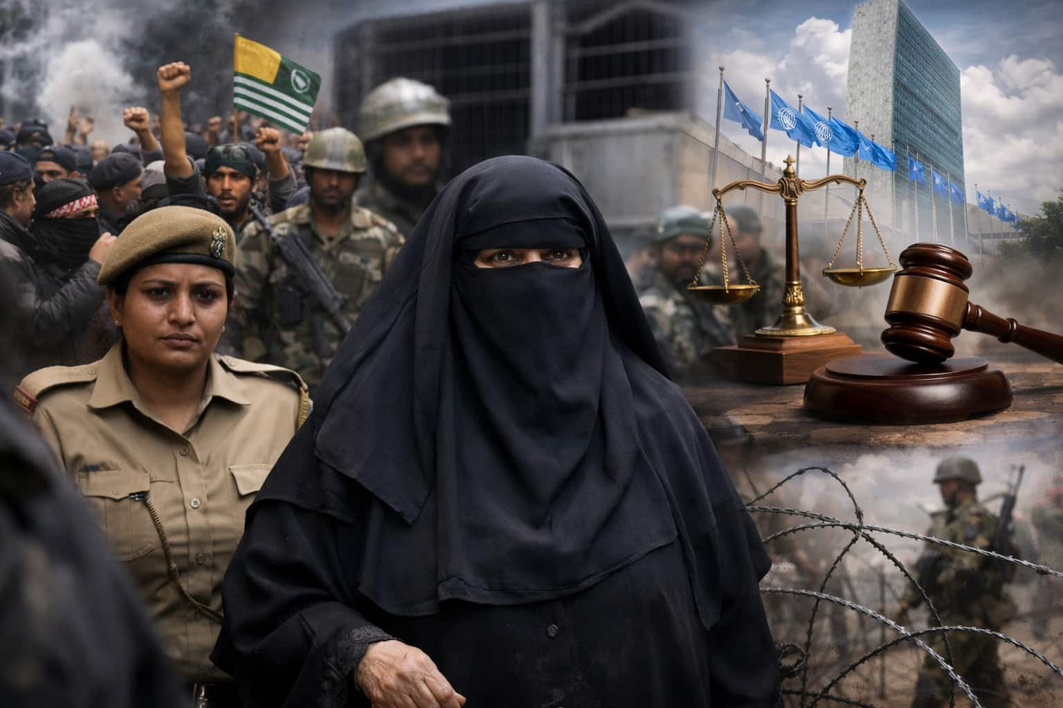 Kashmiri leader Asiya Andrabi escorted by Indian security forces amid protests and UN justice symbols, highlighting Kashmiri leader sentencing