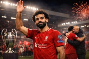 Mohamed Salah waving to fans at Anfield in Liverpool kit, marking his farewell moment