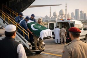 Pakistani national repatriation scene showing coffin draped in Pakistani flag being carried from aircraft to ambulance in Abu Dhabi