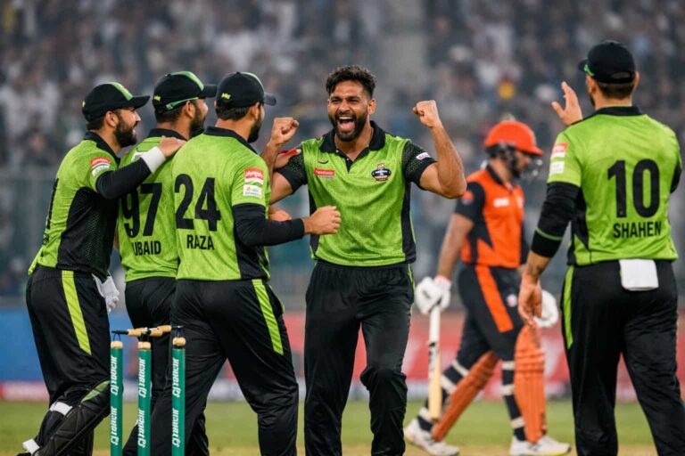 Lahore Qalandars players celebrate Haris Rauf’s wicket against Hyderabad Kingsmen during PSL 11 opener at Gaddafi Stadium
