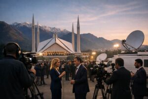 Journalists and media teams gather near Islamabad’s Faisal Mosque highlighting Islamabad media spotlight ahead of US-Iran talks