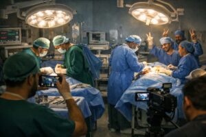 Doctors performing simultaneous surgeries inside Lahore hospital operation theatre, representing doctors surgery video controversy and Punjab govt action