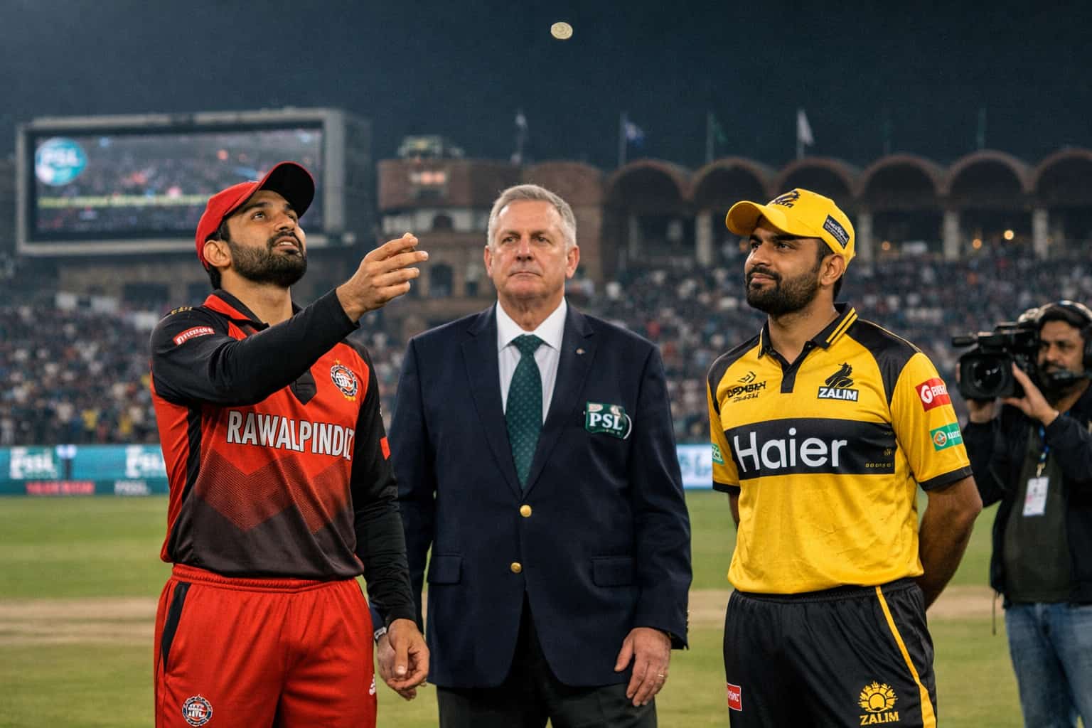 Mohammad Rizwan of RawalPindiz tosses the coin as Babar Azam of Peshawar Zalmi looks on during PSL 11 toss at Gaddafi Stadium