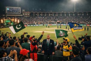 PSL fans return to Gaddafi Stadium waving team flags and cheering during a night match, reflecting team owners' appeal to revive league spirit
