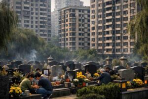 High-quality landscape showing Chinese cemetery with offerings in the foreground and modern apartments in the background, symbolizing the ban on bone-ash apartments.