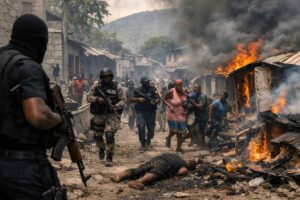 High-quality landscape showing aftermath of Haiti massacre with armed gangs, police response, burning houses, and fleeing civilians, symbolizing Haiti massacre.