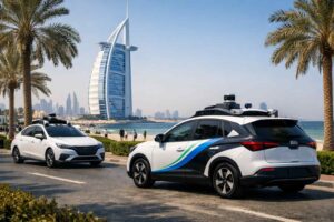 High-quality landscape showing autonomous driverless taxis operating in Dubai’s Jumeirah district with Burj Al Arab in the background, symbolizing the launch of driverless taxis