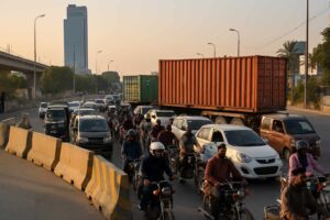 Karachi traffic restrictions with vehicles navigating around barriers and containers during security lockdown