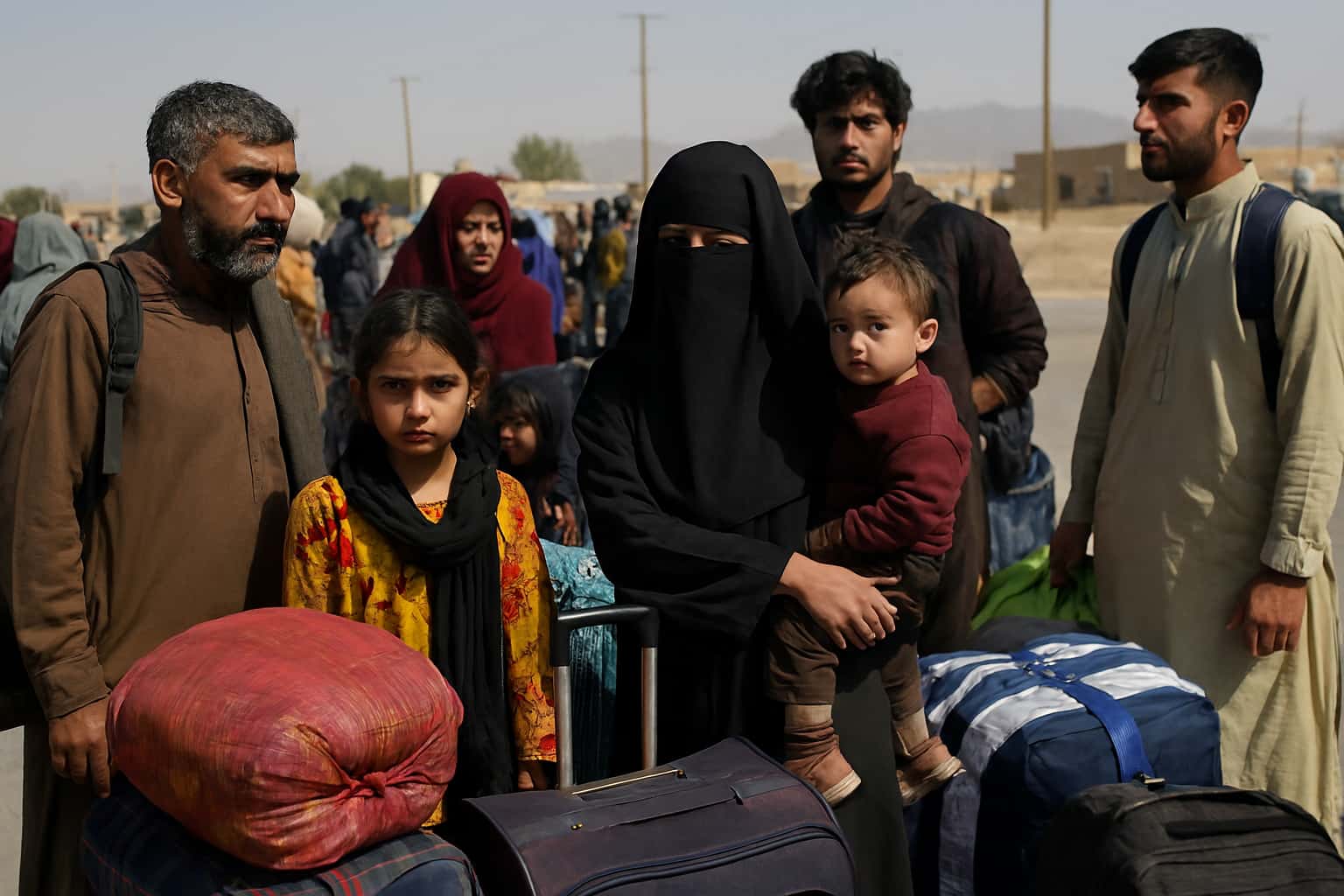 Pakistanis fleeing Iran with families and students carrying belongings near border areas amid conflict