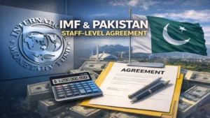 IMF and Pakistan reach a staff-level agreement for a $1.2 billion disbursement, featuring IMF logo, agreement document, and Pakistan's flag.