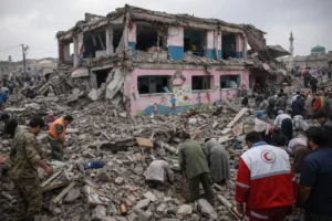Rescue workers and civilians searching through rubble of a destroyed school building after a deadly bombing in Minab, Iran