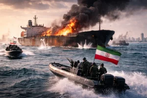 Iranian military boats approaching a cargo ship engulfed in flames and thick smoke in open sea near a coastal city.