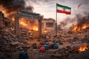 Elementary school building destroyed in a war zone with fires burning and Iranian flag visible among rubble.